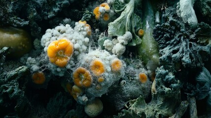 Obraz premium Moldy Vegetables with Fungi and Spores on Decaying Greens