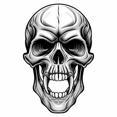 A detailed grayscale illustration of a skull with fangs