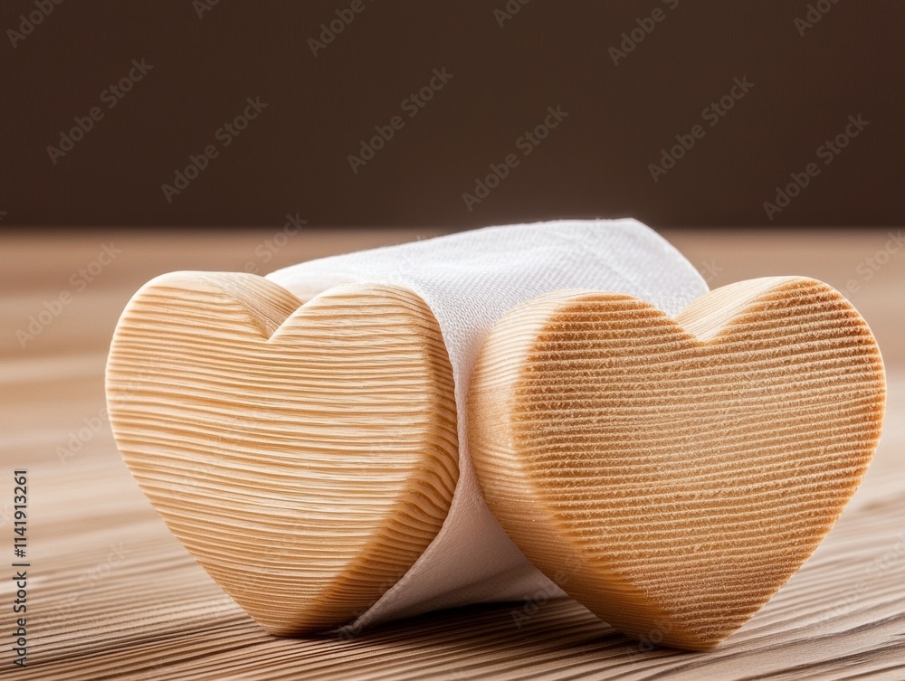 Wall mural A pair of wooden heart-shaped decorations on a table, symbolizing love and affection.