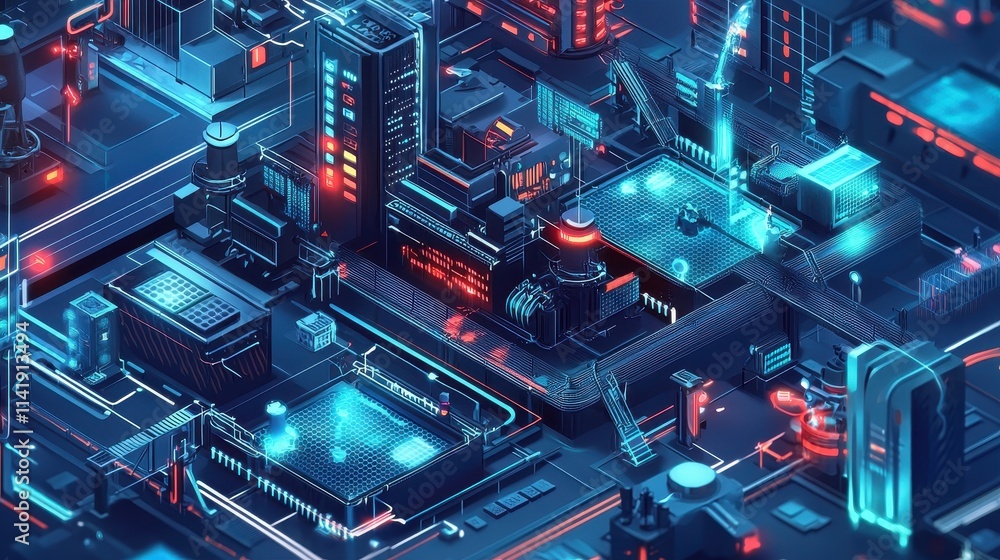 Poster smart factory with ai integration and iot devices in a high-tech urban environment