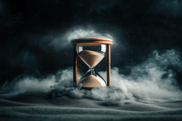 Naklejka premium An hourglass with sand flowing, surrounded by smoke against a dark background. Limited time concept.
