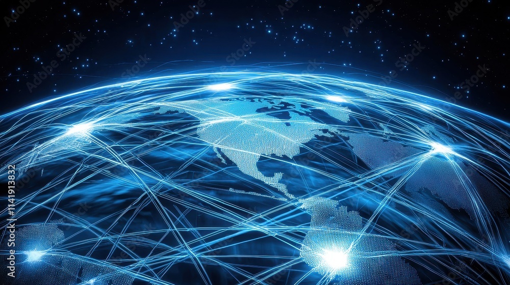 Poster global telecommunications network with connected nodes and lines representing data transmission acro
