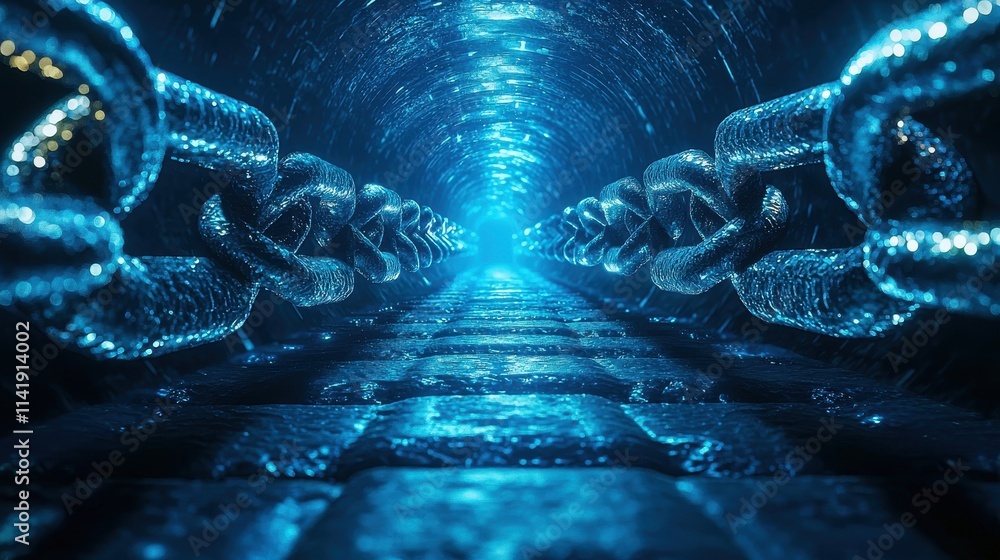 Poster stunning visual of blockchain technology featuring a secure and protected data chain under blue ligh