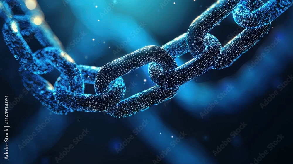 Poster digital visual representation of blockchain technology with glowing links and sparkles