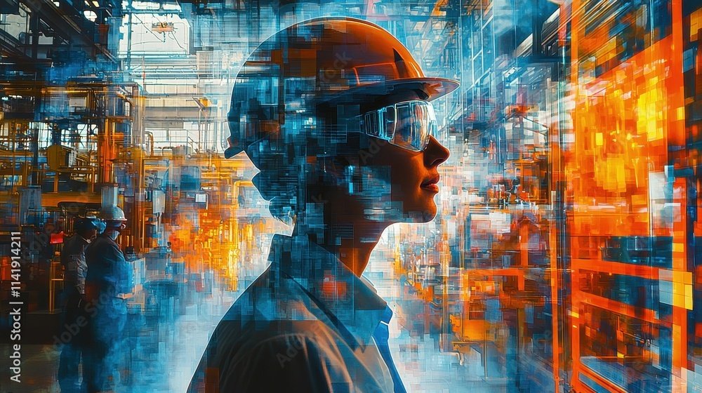 Poster worker in an advanced ai-driven manufacturing environment with dynamic visual elements