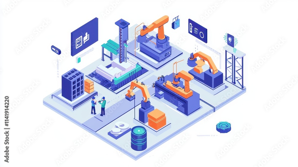Poster innovative automated manufacturing process in smart factory with advanced robotics and technology in