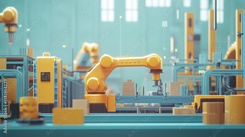 Poster automated manufacturing process in a smart factory with robotic arm and advanced technology