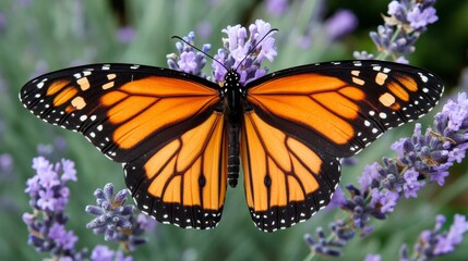 Fototapeta premium Monarch Butterfly Resting on Lavender Blossoms in Garden