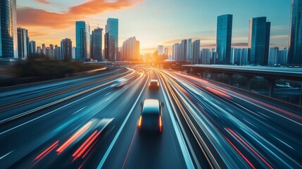 Obraz premium Dynamic City Traffic at Sunset with Vibrant Sky and Skyscrapers