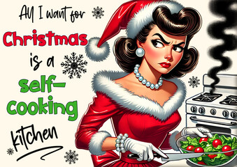 Pinup housewife is cooking a Christmas dinner with grumpy face in red dress