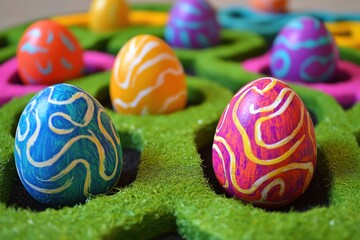 Obraz premium Brightly colored Easter eggs arranged in playful patterns, showcasing creativity and festive spirit during celebrations.