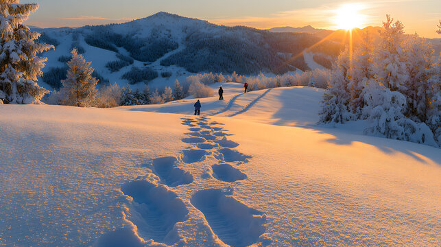 Photography of human footprints and sled marks on a snowy hillside, with children playing in the distance under a crisp, sunny winter day.