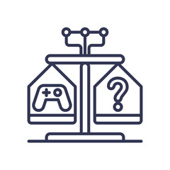 Scales with game controller and question mark symbolize balance and fairness in gaming.