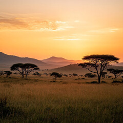 Breathtaking Sunset Over Savanna Landscape Featuring Silhouetted Acacia Trees and Rolling Hills Under a Vivid Orange Sky in Africa