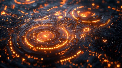 Abstract Futuristic Circuit Board: Glowing Orange Nodes and intricate pathways