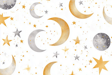 A pattern of crescent moons and stars on a white background