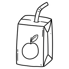 Hand drawn doodle apple juice carton box with straw on white background.