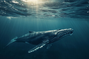 Fototapeta premium Fantastically beautiful majestic huge whale in blue ocean