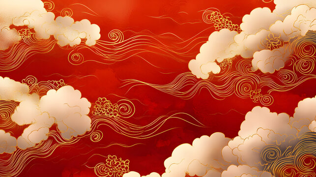 Elegant red background with golden line patterns and clouds