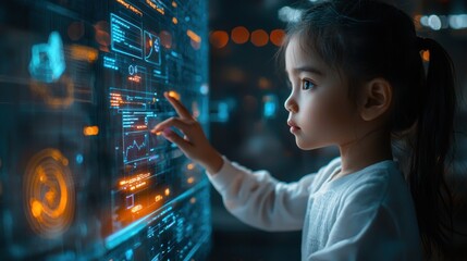 A child in a futuristic classroom using an AI-powered tablet that adapts lessons to their individual learning style, with holographic 3D models illustrating complex topics. 