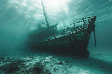 Underwater view of an sunken ship on seabed with fish swimming around