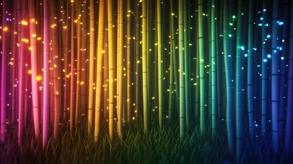 Glowing fireflies dance amidst colorful bamboo forest enchanting nature scene tranquil environment magical viewpoint