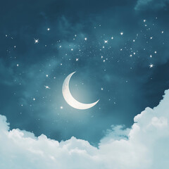 A crescent moon shines in the night sky above the clouds