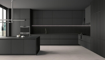 Contemporary kitchen with black cabinetry, sleek surfaces, subtle lighting, minimalistic decor, and a spacious layout.