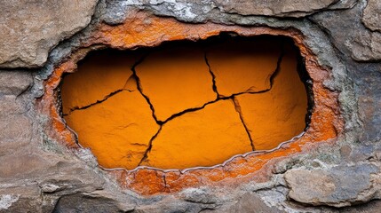 Hole in the Wall: A circular hole in a weathered stone wall reveals a patch of cracked orange...