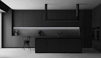 Luxurious dark-themed kitchen interior with minimalist details, stylish finishes, natural decor, and ambient lighting.