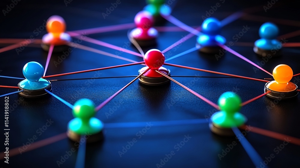 Poster vibrant and interconnected network connections with a dark gradient background representing the comp