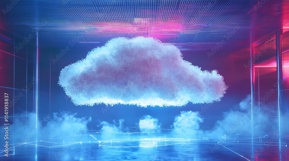 Poster futuristic cloud computing and digital technology concept with floating icons representing various a