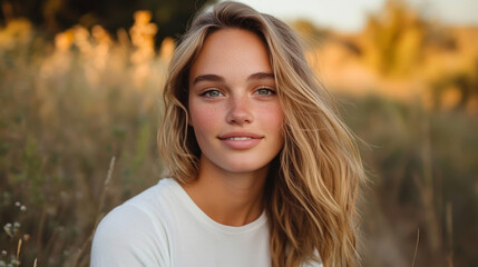 Fototapeta premium Young woman with long hair smiles softly in a golden-lit field during sunset