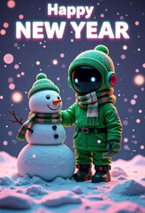 3D Robot Sculpting Snowman Winter Scene Vaporwave Happy New Year Copy Space