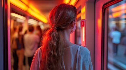 Obraz premium People using advanced health screening devices that scan for pathogens before entering public spaces like transportation hubs offices