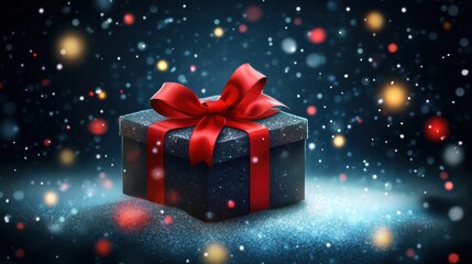 a gift box with a red ribbon on a snow covered surface