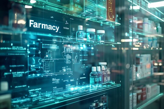 Modern pharmacy leveraging holographic displays showcasing drug information, inventory, and other data, enhancing customer experience and operational efficiency