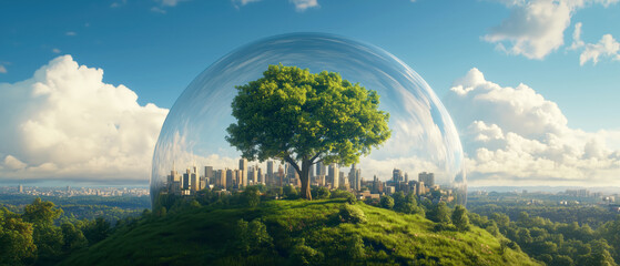 Futuristic city under a protective dome with a central tree