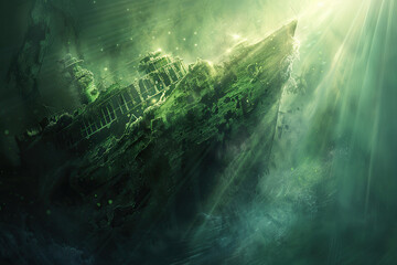 Underwater view of an sunken ship on seabed with fish swimming around