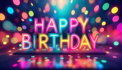 Happy birthday image featuring colorful bokeh lights and blurred background.