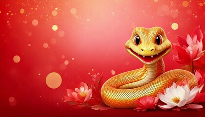 Fototapeta premium Cute cartoon snake with big eyes surrounded by lotus and bokeh effects.
