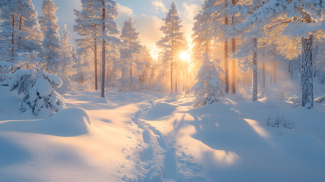 A breathtaking photography of snowshoe tracks leading through a pristine, snow-blanketed forest, with sunbeams piercing through tall pine trees.