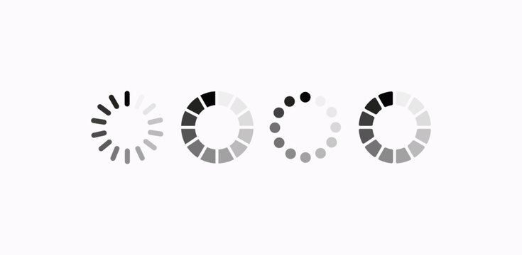 Four loading icons with unique designs, commonly used in digital interfaces to show ongoing processes or data loading. The icons include circles, segments, and dots.