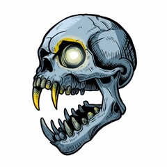Glowing Eyed Fanged Skull Side Profile Illustration