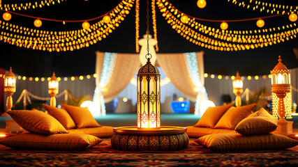 A cozy seating area with cushions and a glowing lantern centerpiece, surrounded by vibrant lights on a Ramadan evening