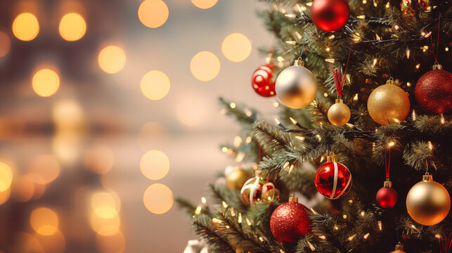 Christmas tree with glitters and baubles on defocused lights bokeh background