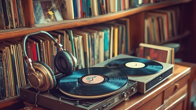 Wooden bookshelf with vinyl records and a classic turntable in a cozy room