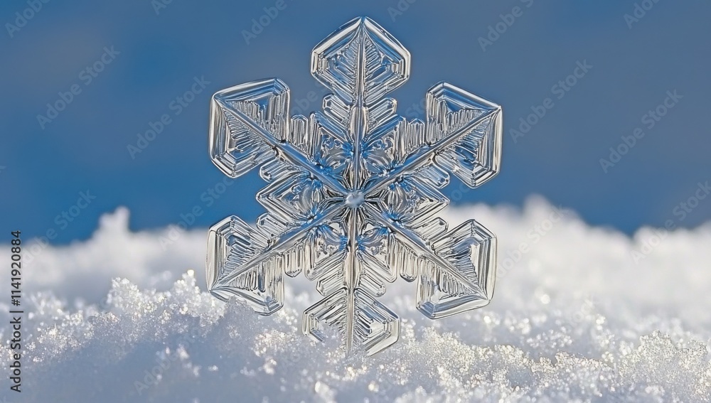 Poster a single snowflake rests on the surface of fresh white snow, crystal clear and intricate with six pe