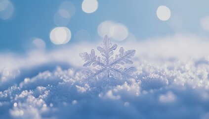 Close-up of a snowflake on fresh white snow, blue background with bokeh lights, winter wonderland, cool color palette
