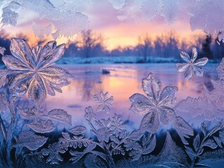 Beautiful ice flowers on the window glass, frosty patterns in the shape of leaves and stars, a...